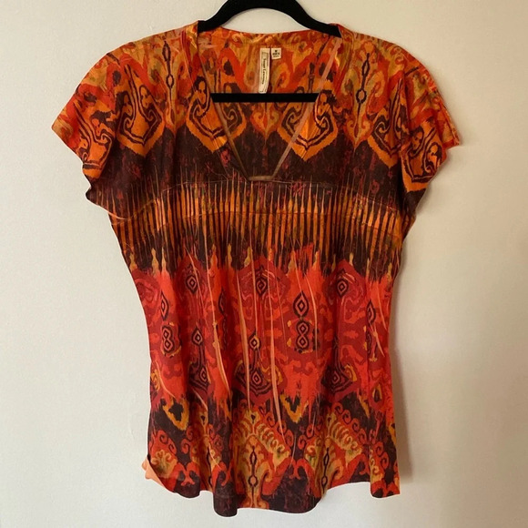 Susan Lawrence Tribal Aztec V-Neck Short Sleeve Orange Red Brown Blouse Size M - Picture 2 of 10